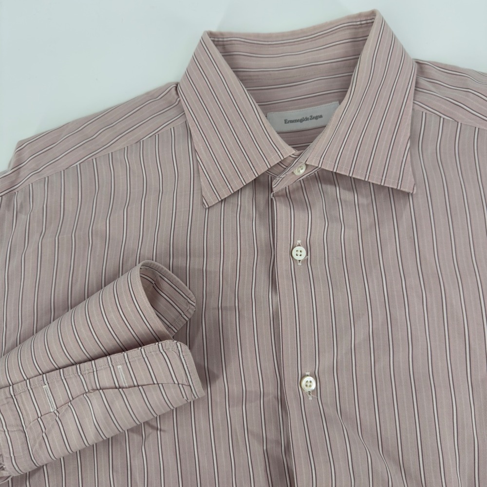 Ermenegildo Zegna Mens Pink Striped French Cuff Cotton Dress Shirt 17 43 Large